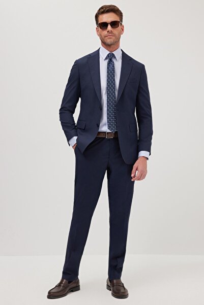 Tudors Erkek Slim Fit Mono Yaka Likralı Esnek Kumaş Lacivert Takım Elbise