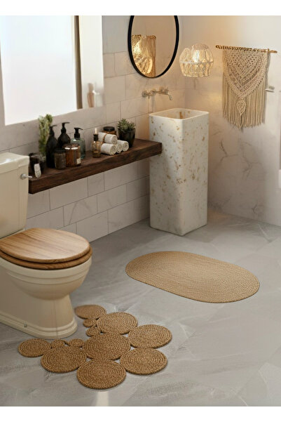 HomeTurko Σετ χαλιών μπάνιου Bohemian Jute - Σετ 2 μοντέρνων χαλιών μπάνιου διπλής όψης για το μπάνιο και την τουαλέτα, οικιακά είδη