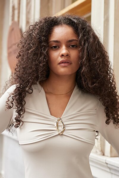 Jument Women's Lightweight Shiny Stylish Flexible Fabric V-Neck Gathered Front Long Sleeve Blouse with Accessories-Stone