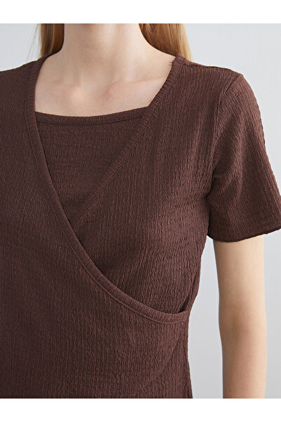 LC Waikiki Brown Double Breasted Collar Textured Blouse