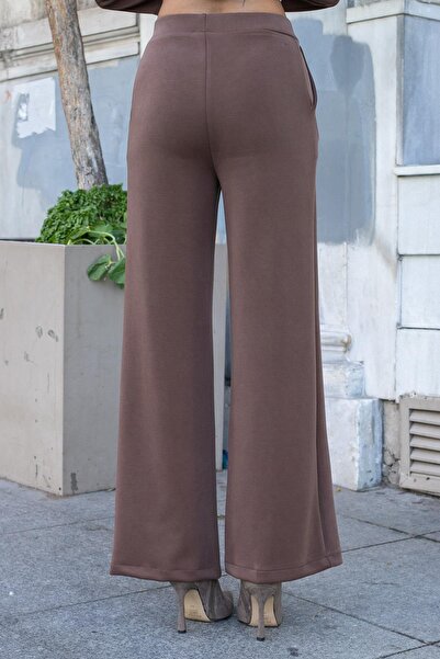 Jument Women's Silky Stretchy Thick Modal Fabric High Waist Front Seam Pocketed Wide Leg Palazzo Pants-Coffee