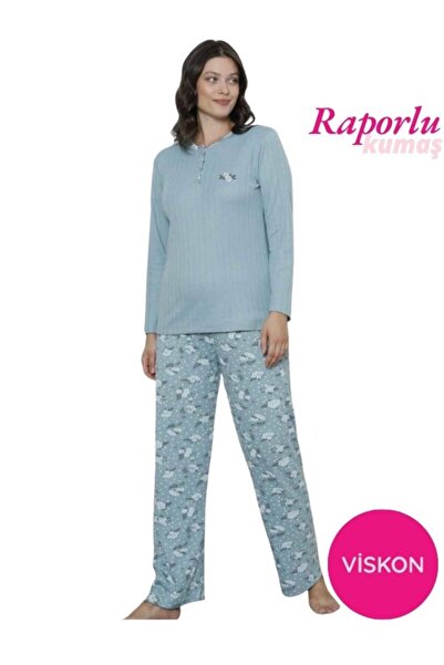 ALİMER Women's Floral Patterned 3 Buttoned Report Winter Viscose Long Sleeve Pajama Set