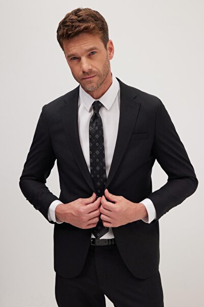 Tudors Erkek Slim Fit Mono Yaka Siyah Takım Elbise