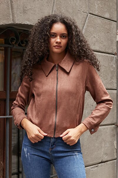 Jument Women's Lightweight Lycra Suede Fabric Collared Zippered Short Jacket with Elastic Back and Pockets - Mink