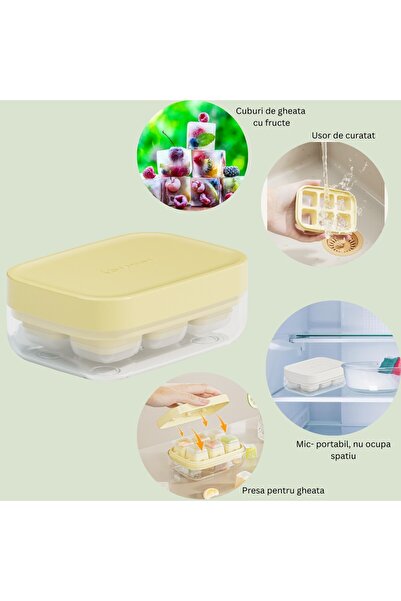 Flippy ice mold with press, food-grade silicone, 6 cubes, storage box, 10.5 x 7.5 x 4.1 cm, yellow