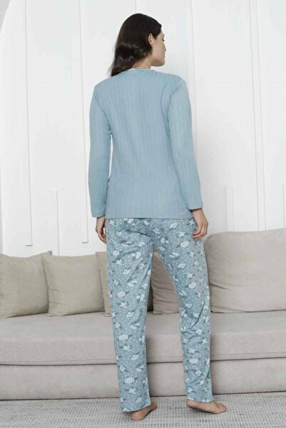 ALİMER Women's Floral Patterned 3 Buttoned Report Winter Viscose Long Sleeve Pajama Set