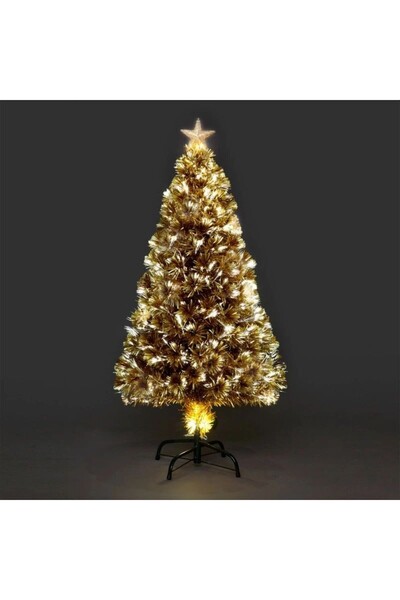 PROCART Brad de Crăciun artificial, auriu, 210 cm, iluminare LED și fibră optică, suport pliabil