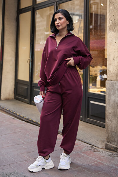 Mezka Kadın Yarım Fermuarlı Sweatshırt Ve Paçası Lastikli Eşofman Takımı
