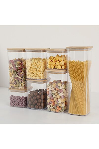 Flippy Food Storage Containers Set of 7, Transparent with Bamboo Lids (2x0.5L,2x0.8L,2x1.2L,1x2.5L)