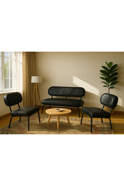 Azra Mobilya Luna Modern Deri Koltuk Takımı | Bekleme Koltuğu | Ofis Koltuk Takımı | SİYAH