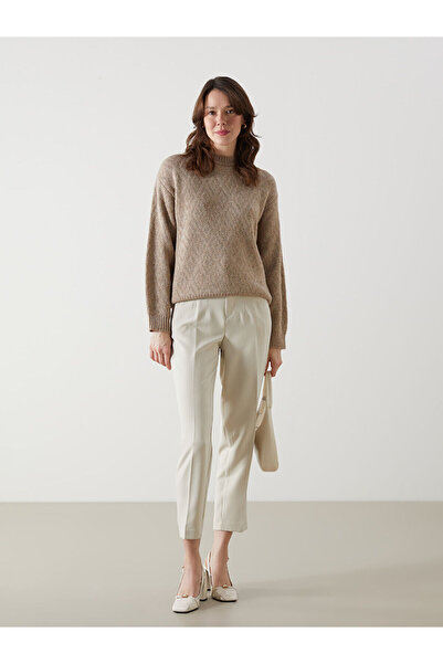 LC Waikiki LCWAIKIKI Classic Bej Bisiklet Yaka Baklava Desenli Kadın Triko Kazak