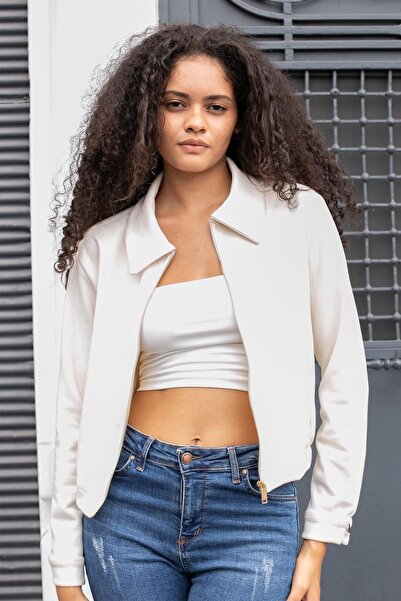 Jument Women's Lightweight Lycra Suede Fabric Collared Zippered Short Jacket with Elastic Back and Pockets - Champagne