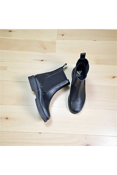 NE&VE SHOES Siyah Deri İki Yandan Lastikli Kadın Chelsea Bot