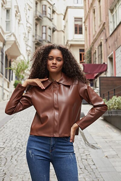 Jument Women's Ecological Leather Zippered Long Sleeve Coat-Tan