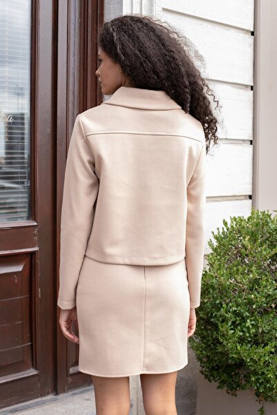 Jument Women's Lightweight Flexible Thick Cashmere Fabric Zippered Long Sleeve Short Jacket Coat-Dark Beige