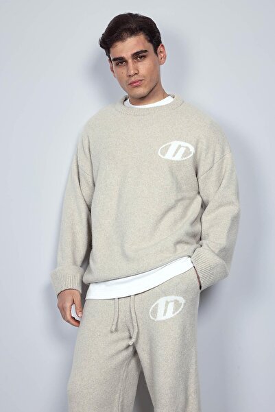 ablukaonline Pulover cu blană pentru bărbați, oversize, cu logo, bej