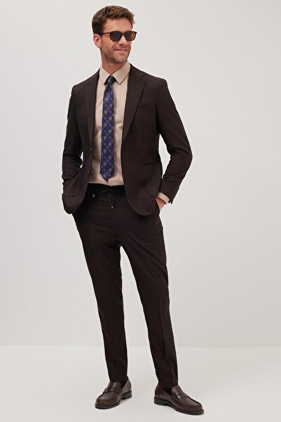 Tudors Erkek Slim Fit Mono Yaka Likralı Esnek Kumaş Kahverengi Takım Elbise