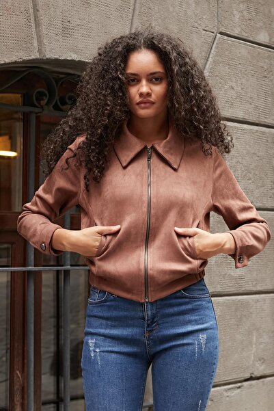 Jument Women's Lightweight Lycra Suede Fabric Collared Zippered Short Jacket with Elastic Back and Pockets - Mink