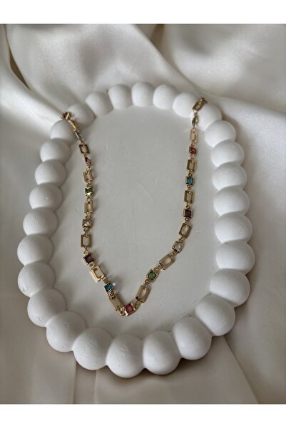 Güneş Takı Jewellery Renkli taşlı gold çelik kolye