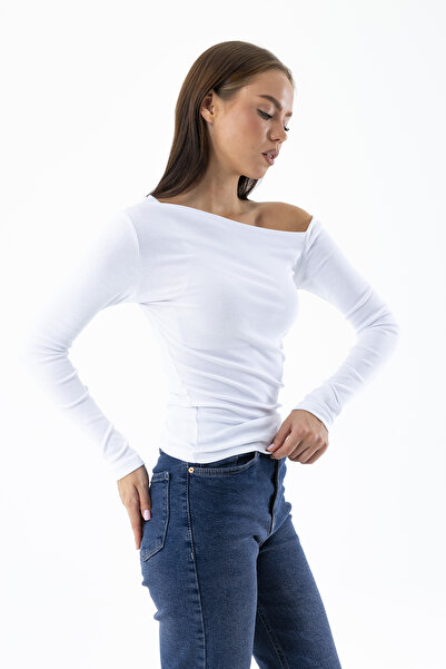 GİYSA Γυναικεία μπλούζα με ασύμμετρο γιακά με μακρύ μανίκι Basic Λευκή - MS0001283