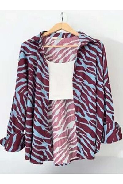 BETULAKSUBUTİK Blue-Burgundy Patterned Oversize Shirt