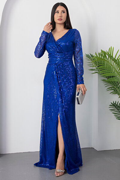 PULLIMM Kruvaze Yaka Uzun Kol Yırtmaçlı Pulpayet Elbise AP-3030