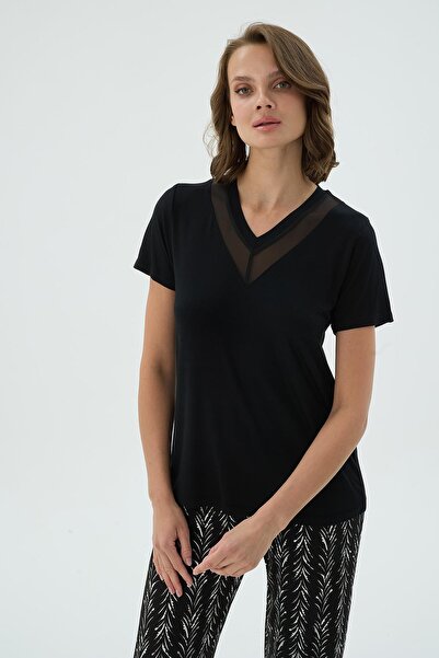 Sevim Set de pijamale pentru femei, culoare neagră, cu decolteu în V, cu detalii din tul, cu model în partea de jos C4T4N371