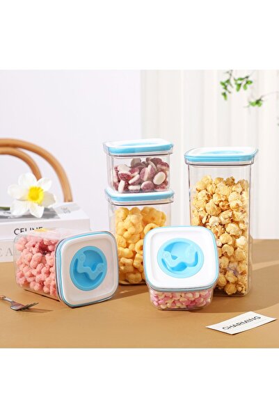 Flippy Set of 5 Kitchen Storage Containers – 2×600 ml, 2×1.3 L, 1×2 L, Transparent, White/Blue