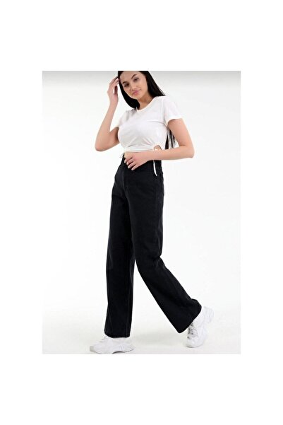 kleshus Newzo Black Casual High Waist, Black Women's Casual Jeans Black Palaz...