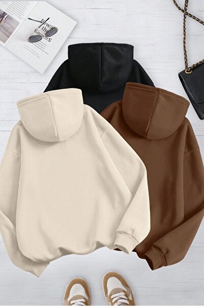 MODAGEN Unisex 3'lü Bej Kahve Siyah Kapüşonlu Oversize Sweatshirt