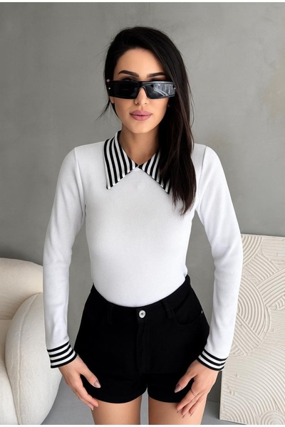 Chicup Aura بلوزة محبوكة بياقة بولو سوداء وبيضاء للنساء