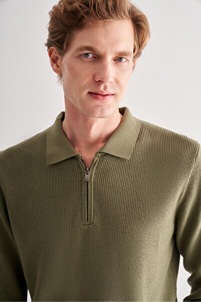 İmza Light Green Zippered Polo Neck Long Sleeve Pocketless Comfort Fit Casual Cotton Knitwear Sweater 1012255202