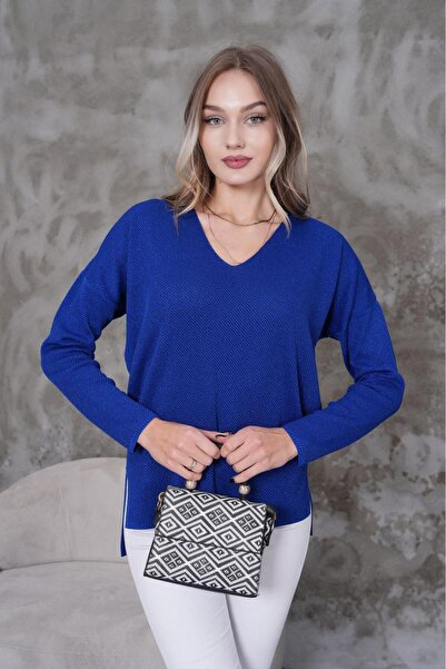 AGORATEKSTİL Pulover de damă cu mâneci lungi și decolteu în V, tricotat cu sclipici
