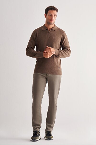 İmza Brown Zippered Polo Neck Long Sleeve Pocketless Comfort Fit Casual Cotton Knitwear Sweater 1012255202