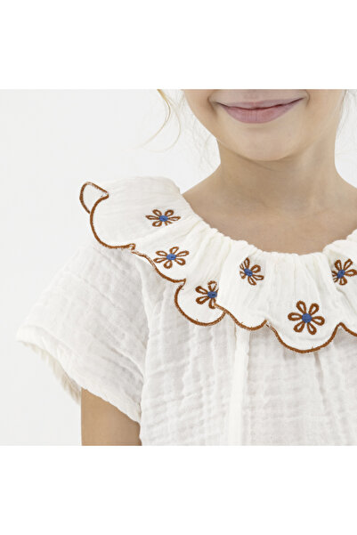 Panço Kız Ecru Dokuma Geniş Yaka Bluz