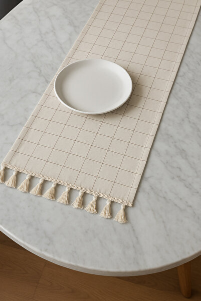 Cozy & Soft Keten Kare Desenli Runner 35x160 cm