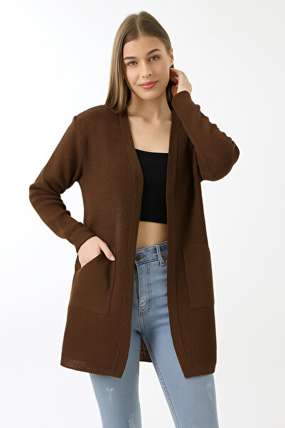 Devinka سترة تريكو نسائية بجيب كنغر باللون البني