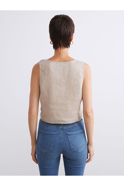 LC Waikiki Brown V-Neck Strap 100% Linen Blouse