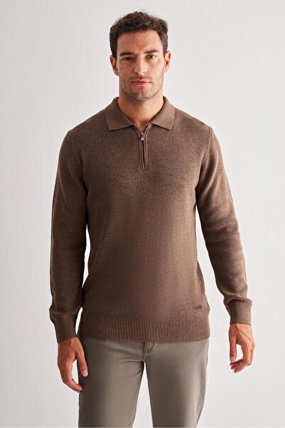 İmza Brown Zippered Polo Neck Long Sleeve Pocketless Comfort Fit Casual Cotton Knitwear Sweater 1012255202