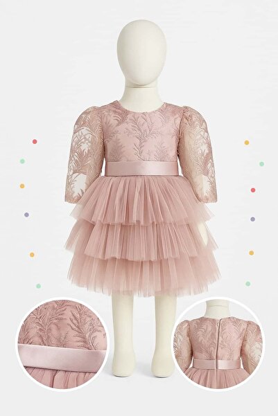 SCZ Dantel İşlemeli Kat Kat Tül Kız Çocuk Abiye Elbise – Pudra Pembe Fiyonk D...