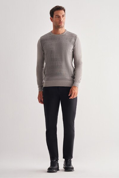 İmza Ανοιχτό γκρι πουλόβερ με μακρύ μανίκι χωρίς τσέπες Comfort Fit βαμβακερό πλεκτό πουλόβερ 1012255217