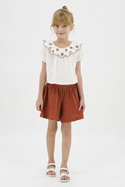 Panço Kız Ecru Dokuma Geniş Yaka Bluz