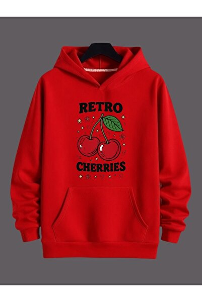 ArtYus سويت شيرت بقلنسوة كبير الحجم من القطن مطبوع عليه ألوان الكرز الرجعية ل...