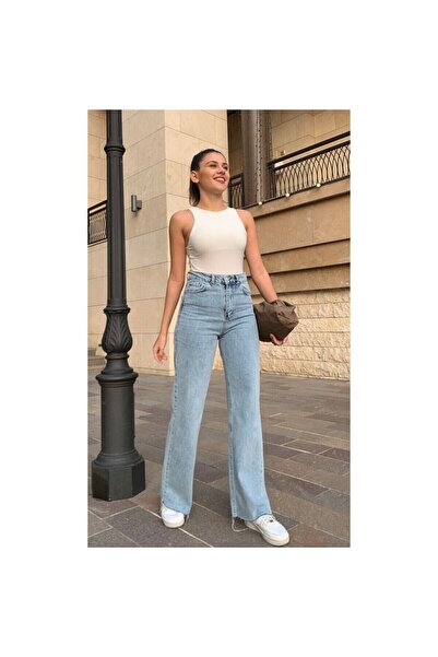 mooishan Blugi albaștri cu talie înaltă și picioare largi