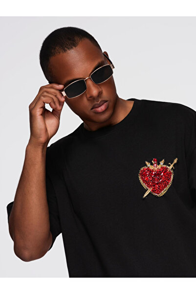 OMBRE Herren-T-Shirt aus Baumwolle mit Schmuckapplikation auf der Brust - Sch...