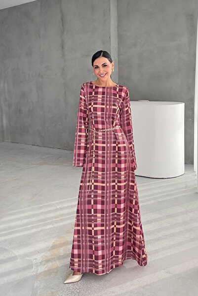 Seda Yalçın Atelier Ekoseli Zincir Kemer Detaylı Maxi Elbise