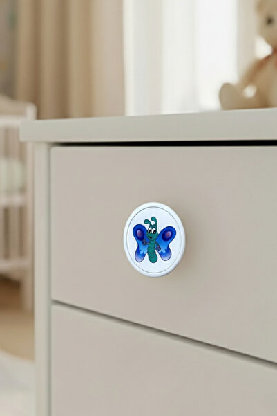 MegaVitrin 5 Pcs Blue Butterfly Kids Room Furniture Handle Set - Abs Plastic Button Cabinet and Drawer Handles