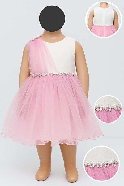 SCZ Prenses Fiyonk Kız Çocuk Abiye Elbise - Pembe & Beyaz