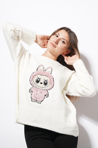 Pafi Moda Pulover tricotat cu detalii Bunny Labubu alb