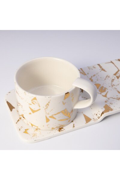 Malooki Set 6 căni de cafea, Malooki, porțelan, 90 ml, cu farfurioare, alb/auriu